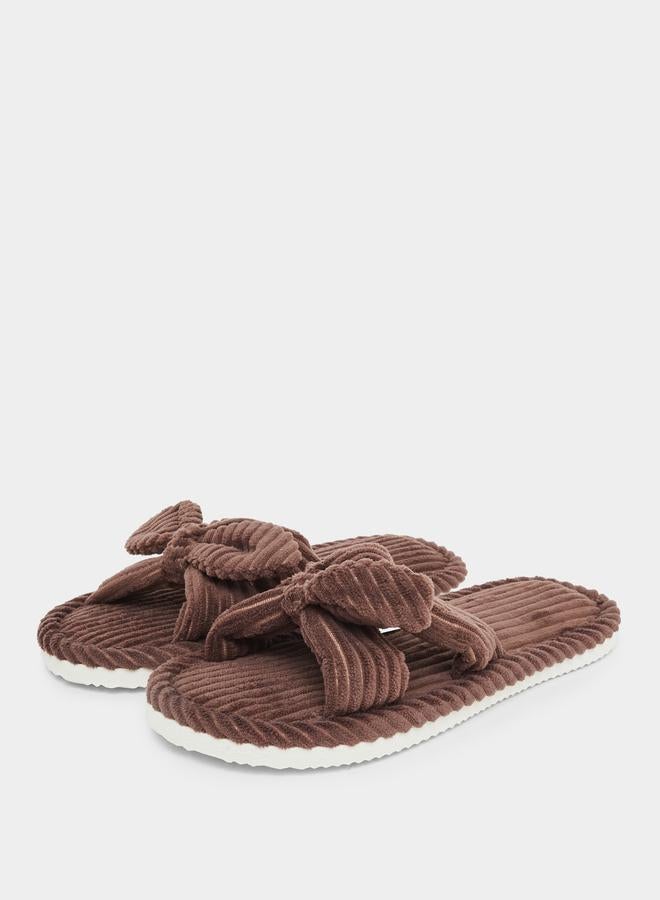Styli Women Brown Corduroy Bow Slippers - Image 3
